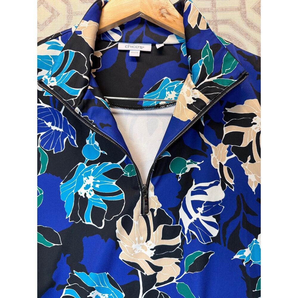 Chico’s Blue Black Floral Zip Neck Top Women’s Size L Long Sleeve Lightweight - Picture 5 of 7